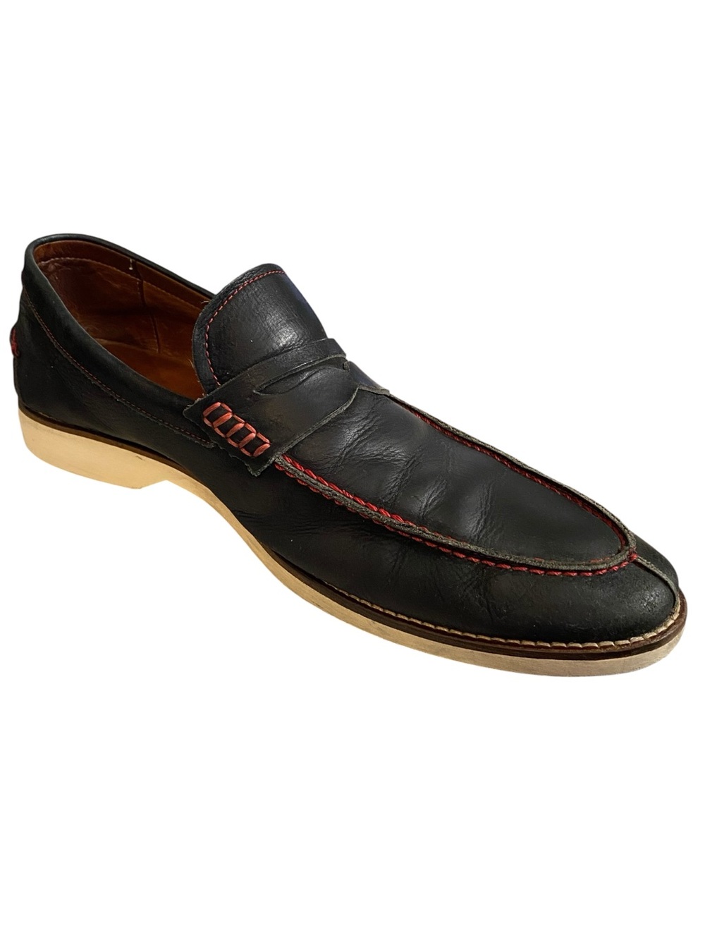 Men's Donald Pliner Dark Blue Leather Penny Loafers with Red Stitching Size 12